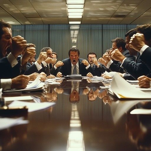 Bestuurders voeren een gespannen overleg aan een lange vergadertafel