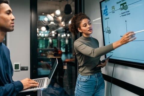 Twee collega’s bespreken een IT-diagram op een groot scherm